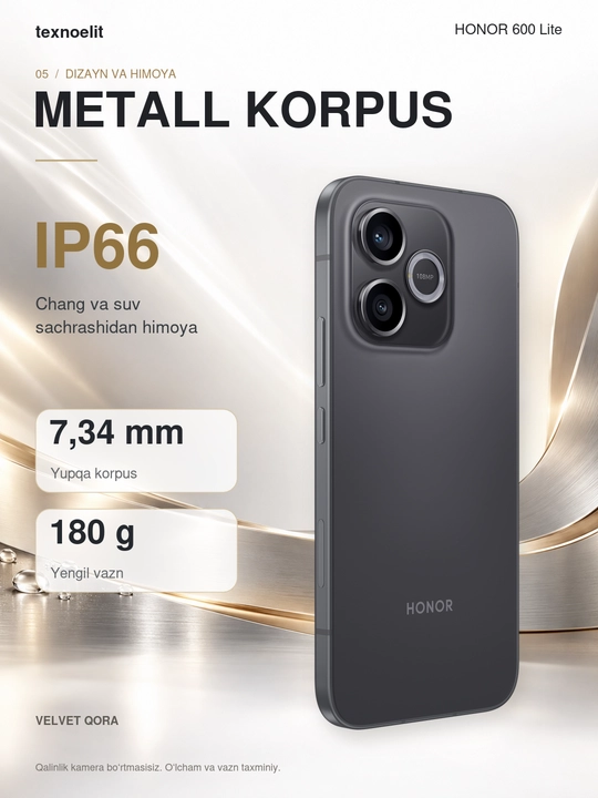 HONOR 600 Lite 5G zarbalarga chidamli smartfon, 8/256 GB +Smart watch sovg‘aga