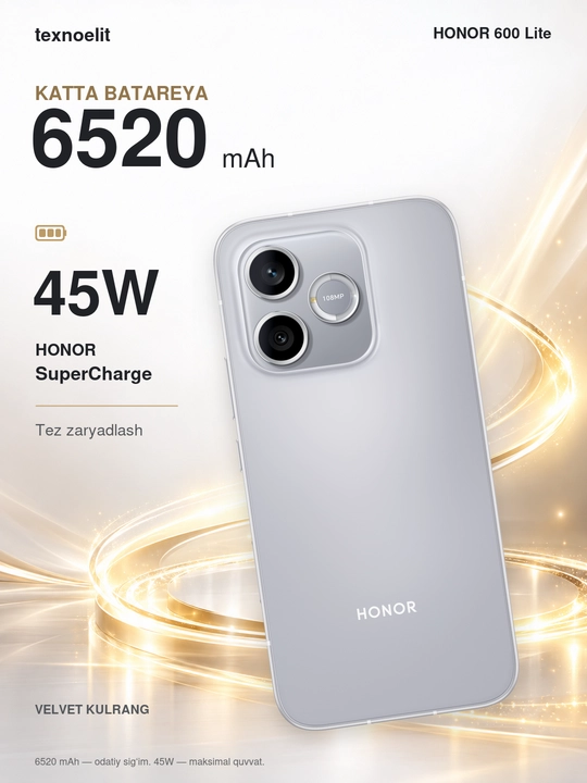 HONOR 600 Lite 5G zarbalarga chidamli smartfon, 8/256 GB +Smart watch sovg‘aga