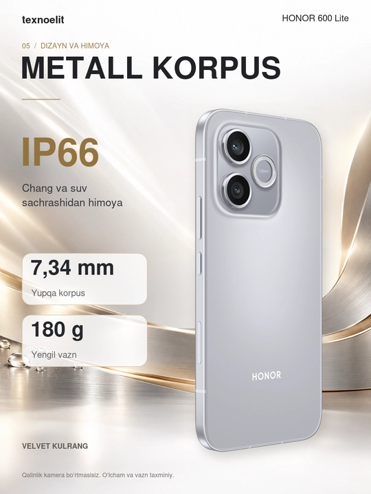 HONOR 600 Lite 5G zarbalarga chidamli smartfon, 8/256 GB +Smart watch sovg‘aga