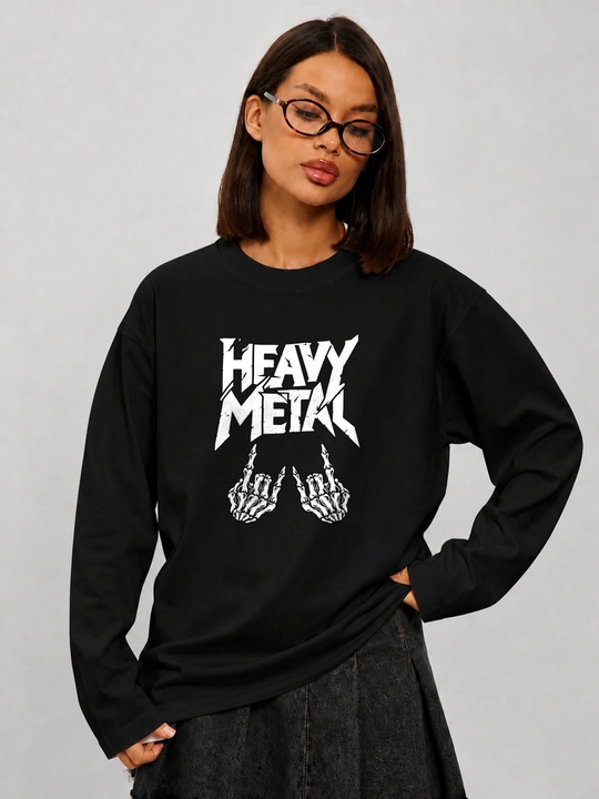 LMBYT qora longsliv, Heavy Metal va skelet qo‘llari printi, 100% paxta