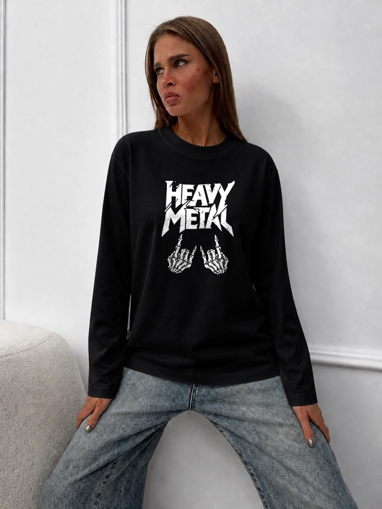 LMBYT qora longsliv, Heavy Metal va skelet qo‘llari printi, 100% paxta