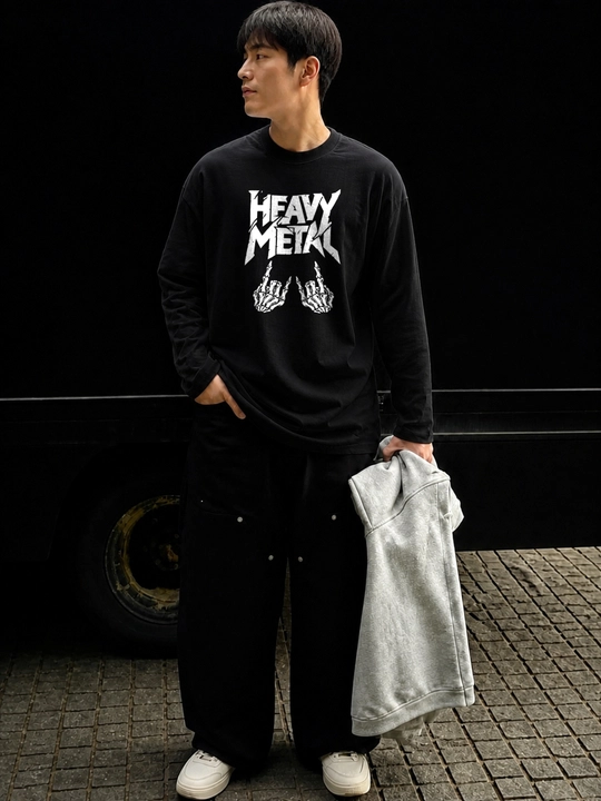 LMBYT qora longsliv, Heavy Metal va skelet qo‘llari printi, 100% paxta