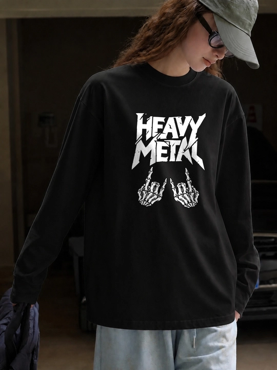 LMBYT qora longsliv, Heavy Metal va skelet qo‘llari printi, 100% paxta