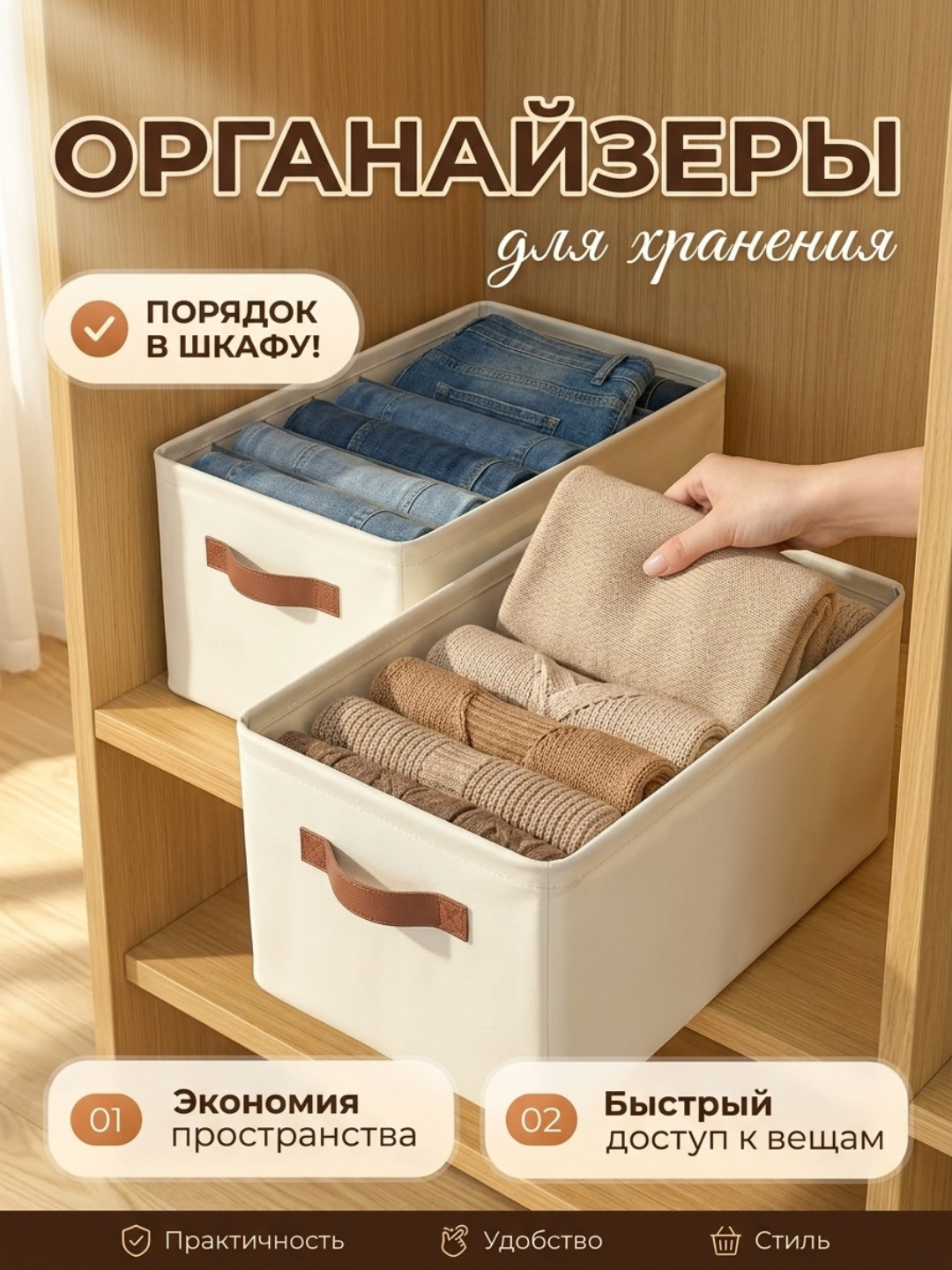 Органайзер для хранения одежды, складной кофр с крышкой и окошком, коробка в шкаф - 
