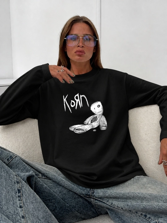 LMBYT qora longsliv, Korn va latta qo‘g‘irchoq printi, 100% paxta