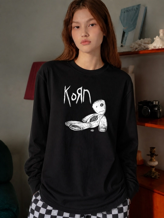 LMBYT qora longsliv, Korn va latta qo‘g‘irchoq printi, 100% paxta