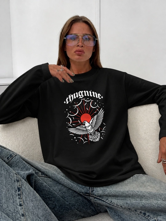 LMBYT qora longsliv, qush va qizil quyosh, thugnine printi, 100% paxta