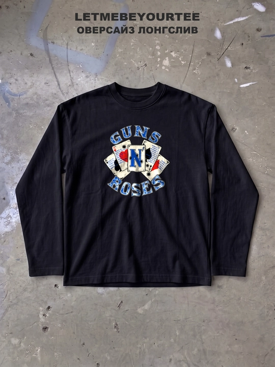 LMBYT qora longsliv, Guns N' Roses va o‘yin kartalari printi, 100% paxta - 