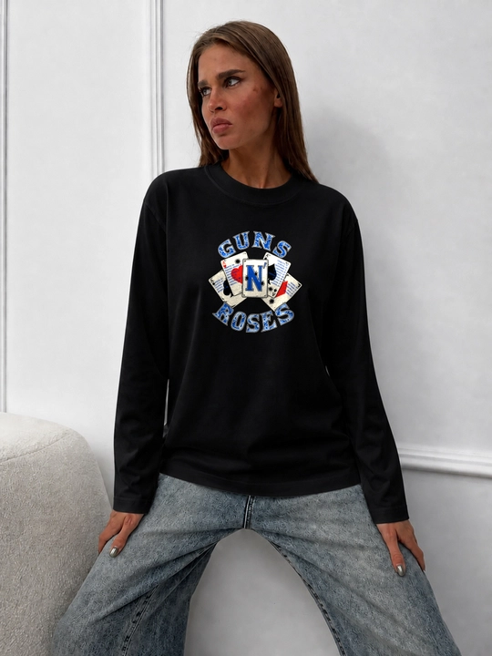 LMBYT qora longsliv, Guns N' Roses va o‘yin kartalari printi, 100% paxta