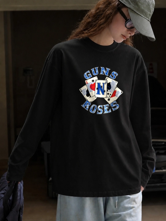 LMBYT qora longsliv, Guns N' Roses va o‘yin kartalari printi, 100% paxta