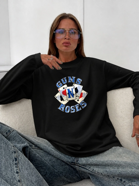 LMBYT qora longsliv, Guns N' Roses va o‘yin kartalari printi, 100% paxta