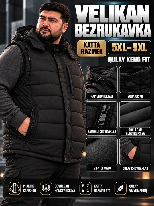 Erkaklar uchun NIKE kapyushonli issiq katta razmerli bezrukavka 6XL–10XL velikan nimcha