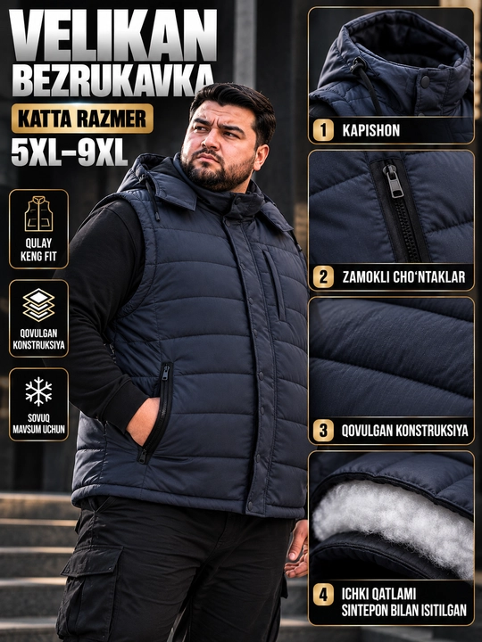 Erkaklar uchun NIKE kapyushonli issiq katta razmerli bezrukavka 6XL–10XL velikan nimcha
