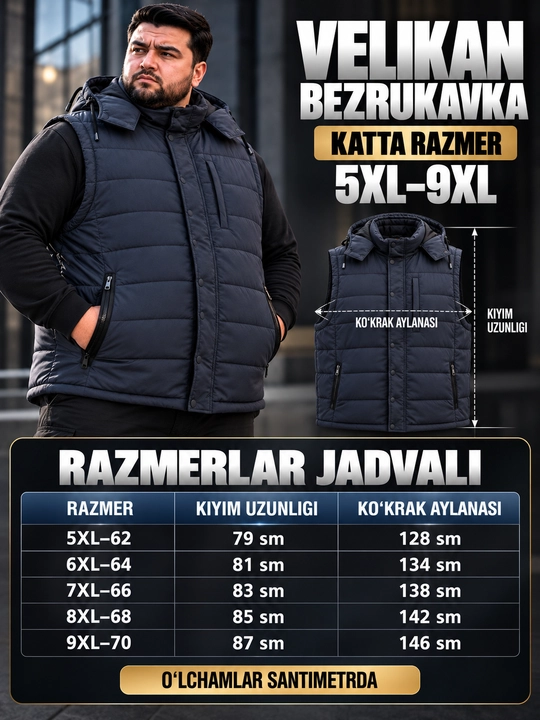 Erkaklar uchun NIKE kapyushonli issiq katta razmerli bezrukavka 6XL–10XL velikan nimcha