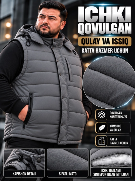 Erkaklar uchun NIKE kapyushonli issiq katta razmerli bezrukavka 6XL–10XL velikan nimcha