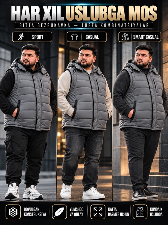 Erkaklar uchun NIKE kapyushonli issiq katta razmerli bezrukavka 6XL–10XL velikan nimcha