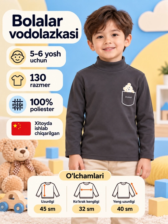 Детская водолазка, кофта для мальчика, длинный рукав, с мишкой, 5–6 лет, размер 130 - 