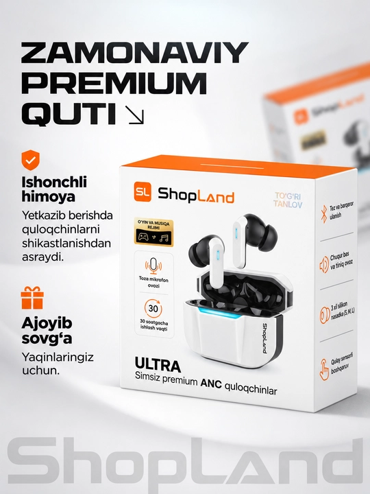 ShopLand Ultra simsiz premium quloqchinlar, ANC/ENC, o‘yin va musiqa uchun naushnik