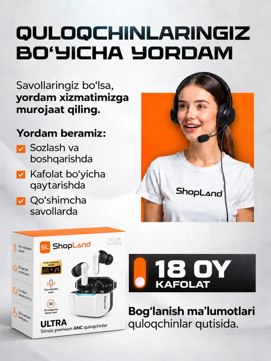ShopLand Ultra simsiz premium quloqchinlar, ANC/ENC, o‘yin va musiqa uchun naushnik