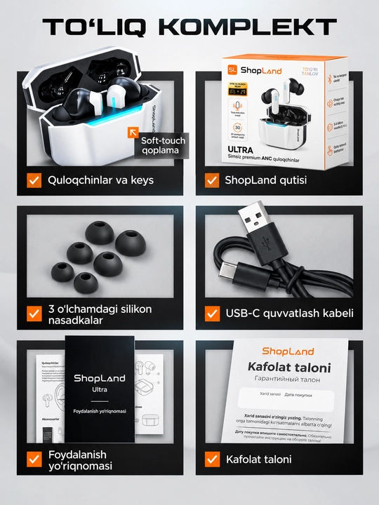 ShopLand Ultra simsiz premium quloqchinlar, ANC/ENC, o‘yin va musiqa uchun naushnik