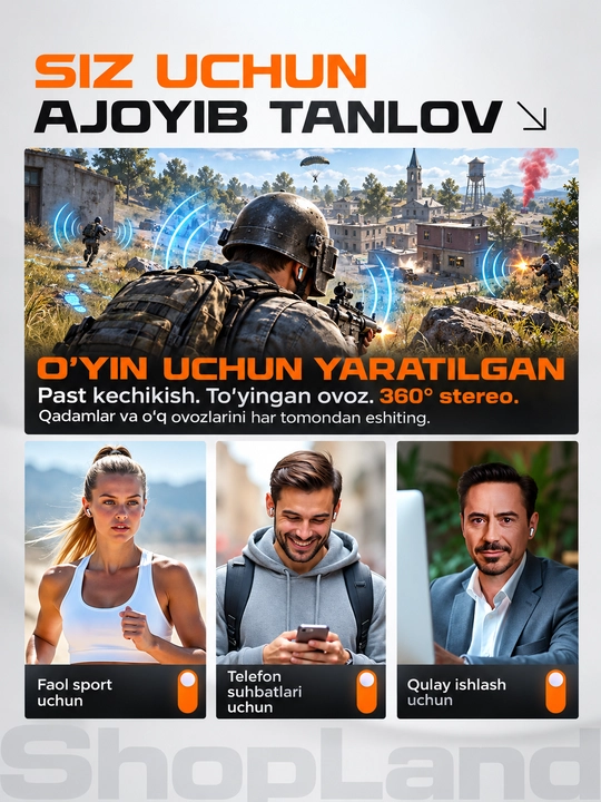 ShopLand Ultra simsiz premium quloqchinlar, ANC/ENC, o‘yin va musiqa uchun naushnik