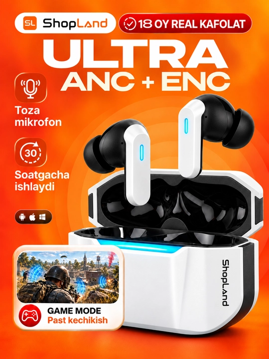 ShopLand Ultra simsiz premium quloqchinlar, ANC/ENC, o‘yin va musiqa uchun naushnik - 