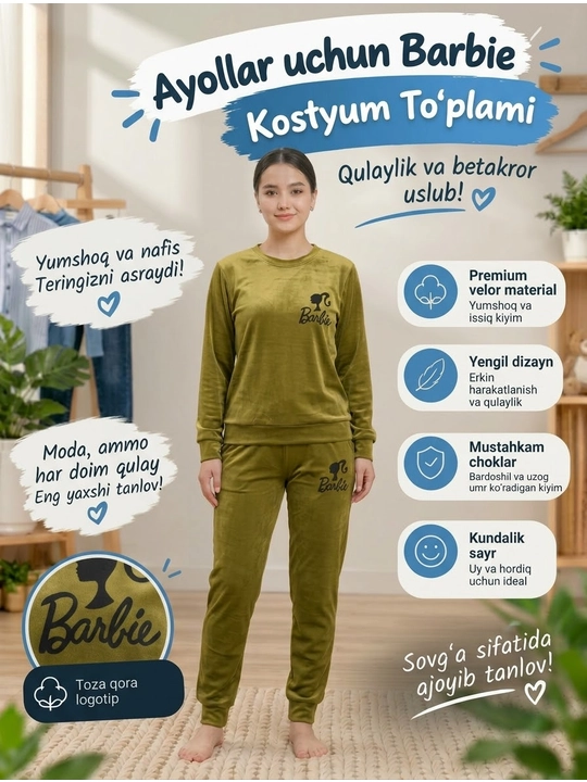 Ayollar uchun "Barbie" kostyum to'plami (sviter va shim) — yumshoq velur toza qora logotip