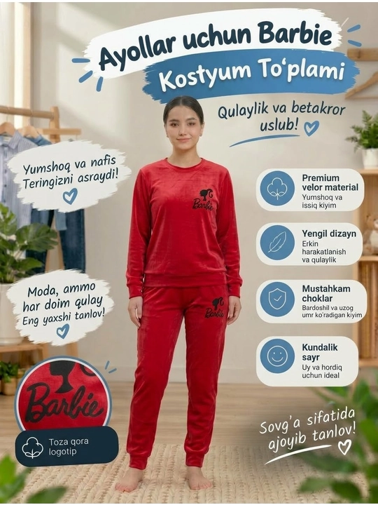 Ayollar uchun "Barbie" kostyum to'plami (sviter va shim) — yumshoq velur toza qora logotip