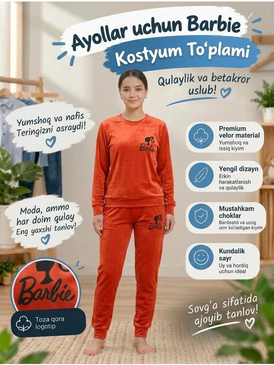 Ayollar uchun "Barbie" kostyum to'plami (sviter va shim) — yumshoq velur toza qora logotip