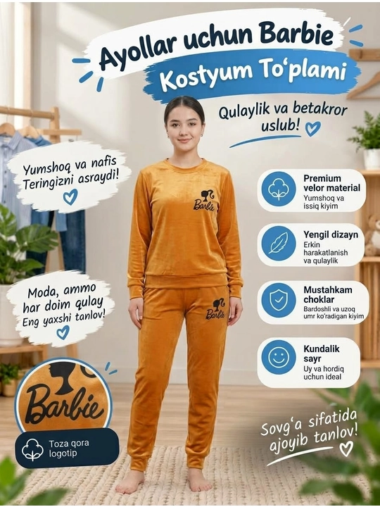 Ayollar uchun "Barbie" kostyum to'plami (sviter va shim) — yumshoq velur toza qora logotip