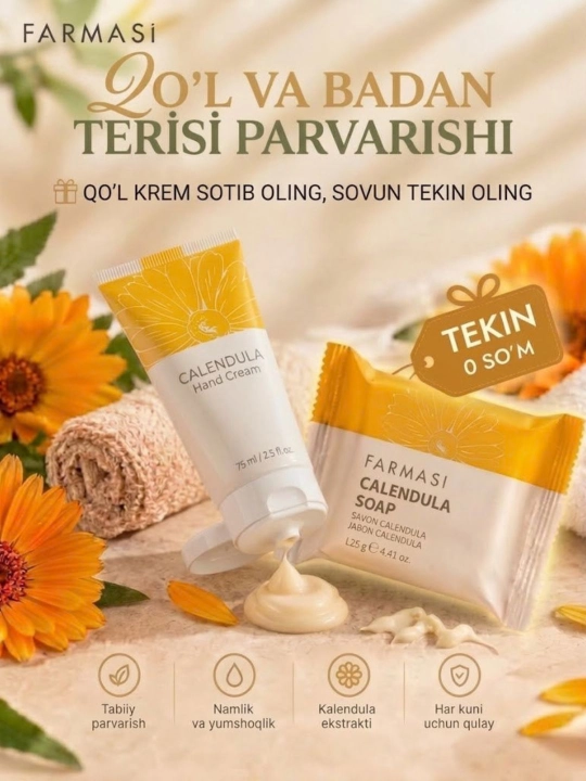 Farmasi Calendula qo‘l kremi, davolovchi, namlantiruvchi + sovun sovg‘a - 