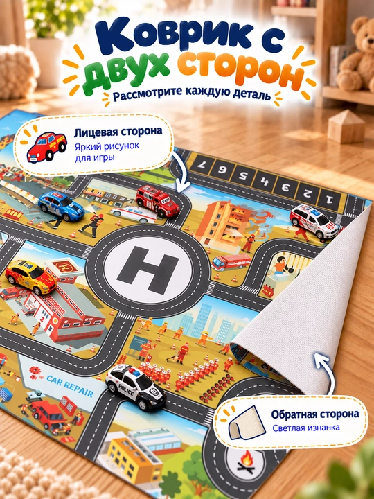 Детский игровой коврик Город с дорогами для машинок, развивающий, 130×100 см
