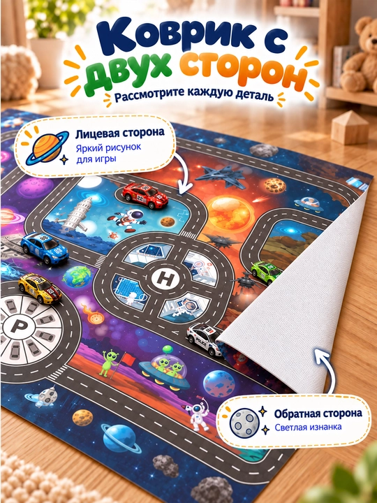 Детский игровой коврик Город с дорогами для машинок, развивающий, 130×100 см