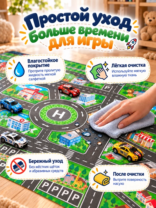 Детский игровой коврик Город с дорогами для машинок, развивающий, 130×100 см