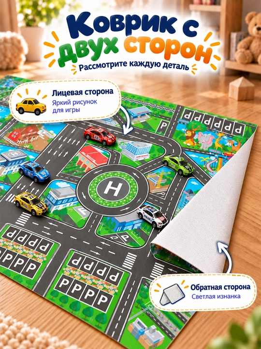Детский игровой коврик Город с дорогами для машинок, развивающий, 130×100 см