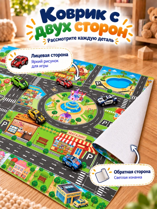 Детский игровой коврик Город с дорогами для машинок, развивающий, 130×100 см