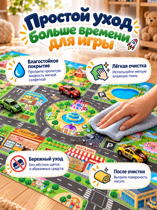Детский игровой коврик Город с дорогами для машинок, развивающий, 130×100 см