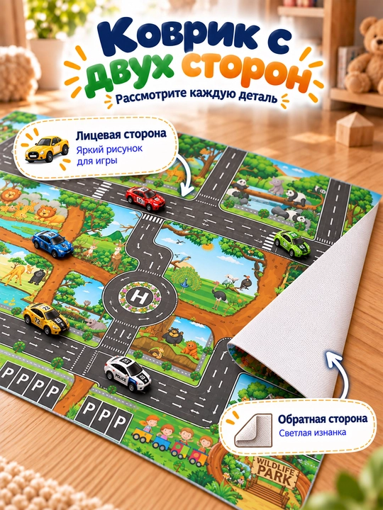 Детский игровой коврик Город с дорогами для машинок, развивающий, 130×100 см