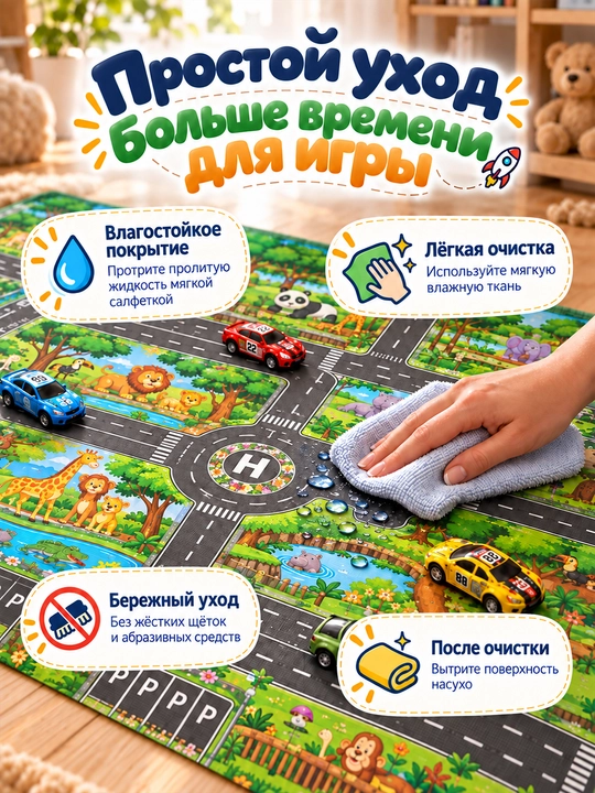 Детский игровой коврик Город с дорогами для машинок, развивающий, 130×100 см