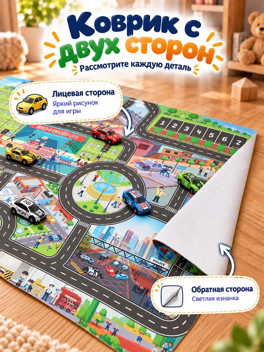 Детский игровой коврик Город с дорогами для машинок, развивающий, 130×100 см