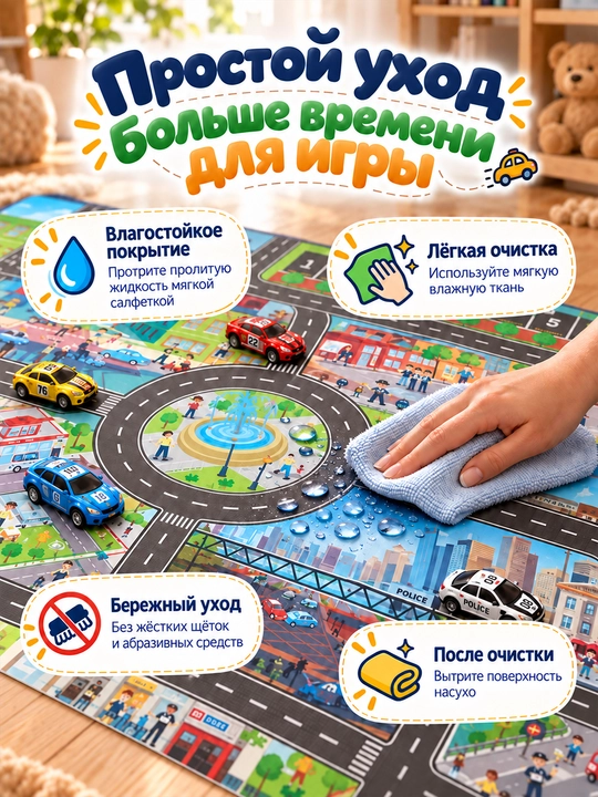 Детский игровой коврик Город с дорогами для машинок, развивающий, 130×100 см