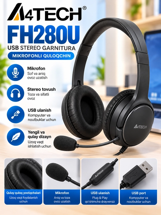 Наушники USB стереогарнитура A4TECH FH280U с микрофоном, черные