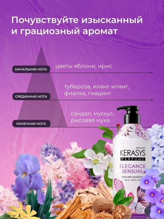 Kerasys ayollar shampuni, barcha turdagi sochlar uchun xushbo‘y hidli, 600 ml, Koreya