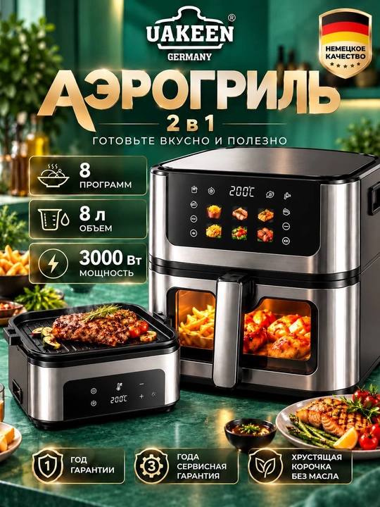 Elektr aerogril, 10 ta 1 da, yog‘siz pishirish uchun qovurgich, 12 l, 10 l, 8 l, aerogril - 