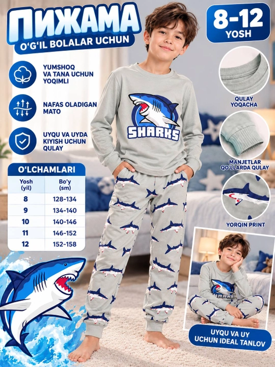 Bolalar pijamasi o‘g‘il bolalar uchun SHARKS, akulali yumshoq trikotaj, 8–12 yosh - 