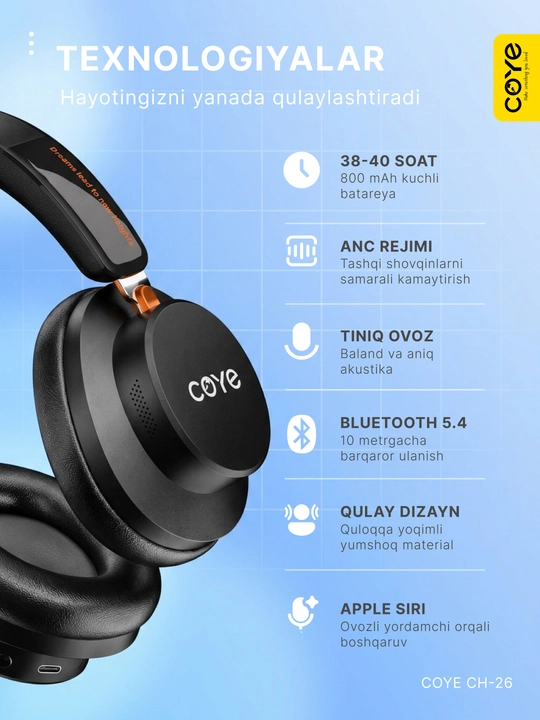 Simsiz quloqchin, ANC Bluetooth quloqchinlar, 38 soat ishlash vaqti, premium naushnik