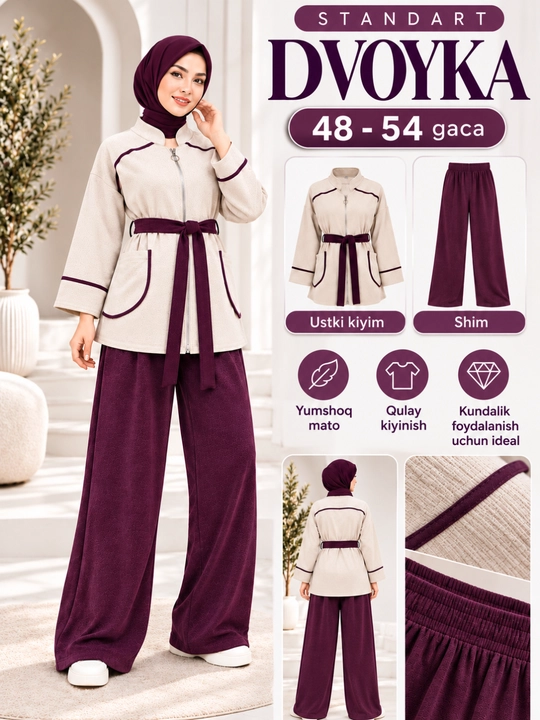 Ayollar sport kostyumi, hijobli kostyum, velyur kostyum, dvoyka, keng shim - 