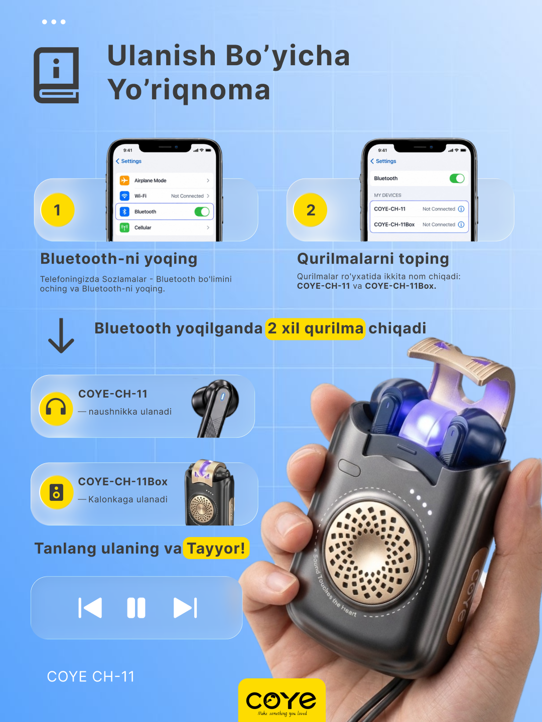Simsiz Bluetooth kolonka + quloqchinlar, 2v1 da, sensorli, namlikdan himoya, kalonka