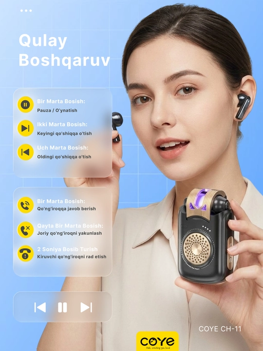 Simsiz Bluetooth kolonka + quloqchinlar, 2v1 da, sensorli, namlikdan himoya, kalonka