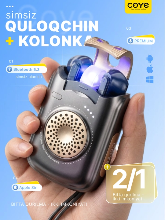Simsiz Bluetooth kolonka + quloqchinlar, 2v1 da, sensorli, namlikdan himoya, kalonka - 